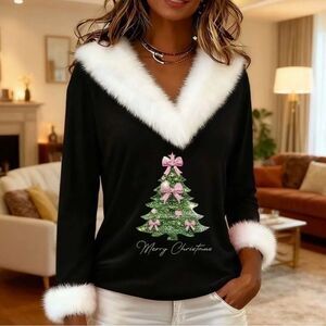 Aumora Fur Top with Christmas Print Black Small NWT IN PACKAGE